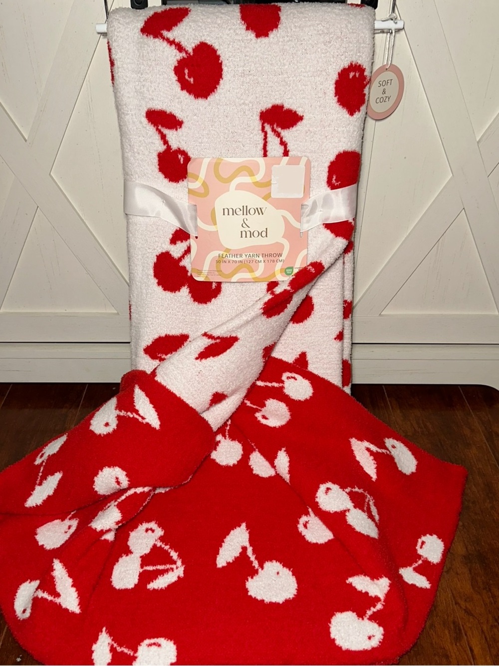 Mellow & Mod Cherry Print Cozy Feather Yarn Throw Blanket - Picture 2 of 2